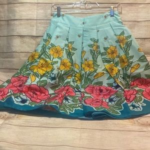 Floral A-line Skirt with Pockets - Teal/Blue